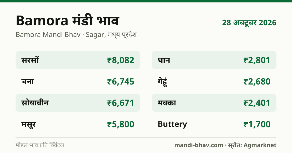 Bamora मंडी भाव 28 अक्टूबर 2026: फसलवार मोडल रेट प्रति क्विंटल