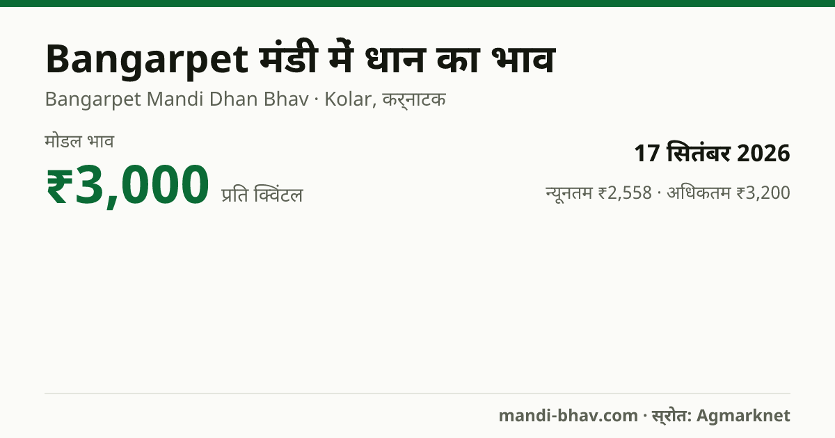 Bangarpet मंडी में धान का भाव 17 सितंबर 2026: मोडल ₹3,000 प्रति क्विंटल, भाव के रुझान का चार्ट