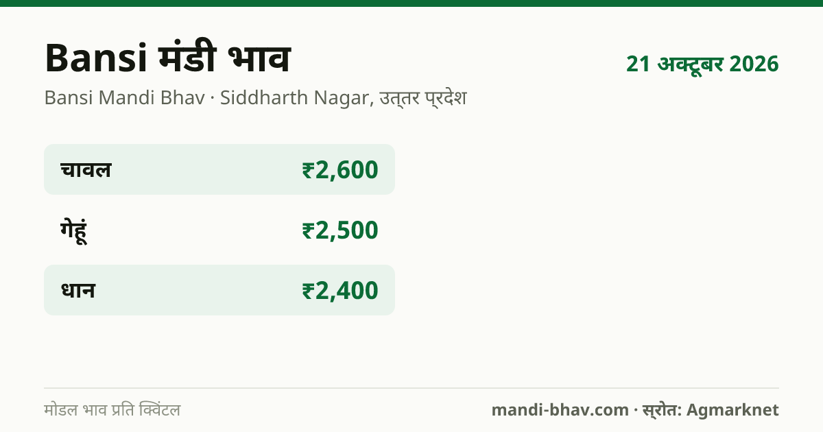Bansi मंडी भाव 21 अक्टूबर 2026: फसलवार मोडल रेट प्रति क्विंटल