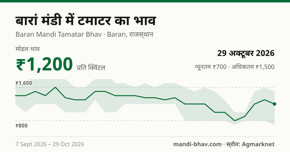 बारां मंडी में टमाटर का भाव 29 अक्टूबर 2026: मोडल ₹1,200 प्रति क्विंटल, भाव के रुझान का चार्ट