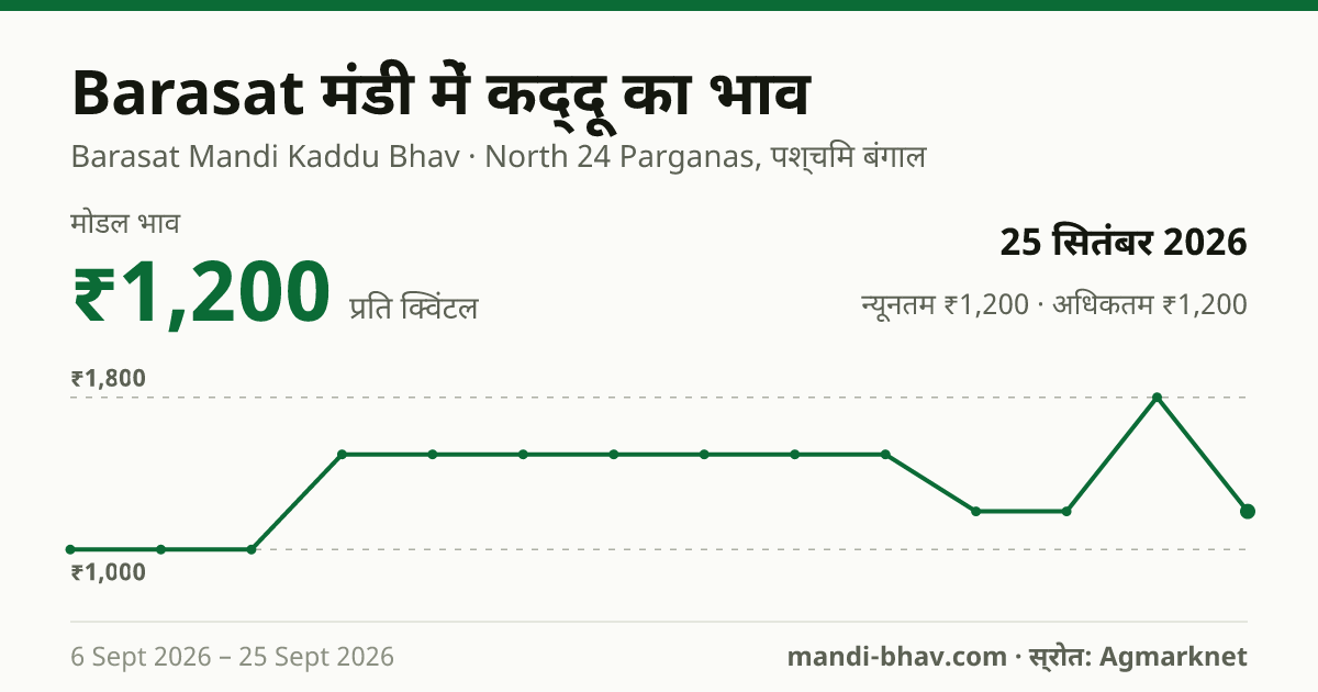 Barasat मंडी में कद्दू का भाव 25 सितंबर 2026: मोडल ₹1,200 प्रति क्विंटल, भाव के रुझान का चार्ट