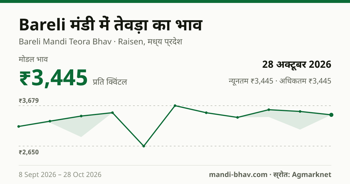 Bareli मंडी में Lak(Teora) का भाव 28 अक्टूबर 2026: मोडल ₹3,445 प्रति क्विंटल, भाव के रुझान का चार्ट