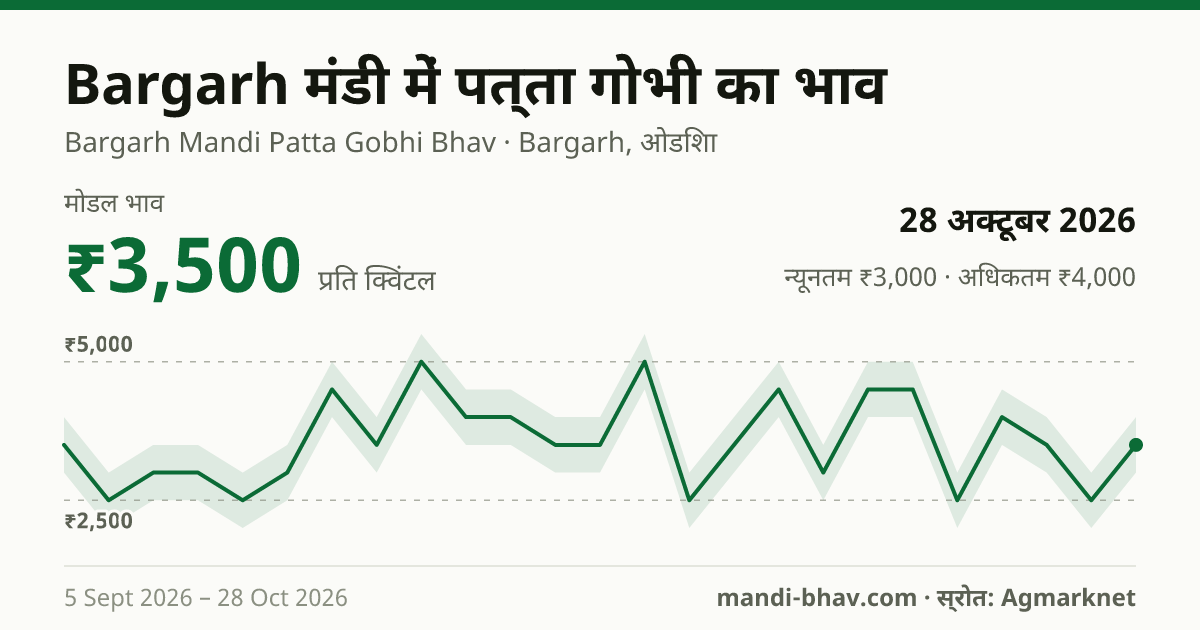 Bargarh मंडी में पत्ता गोभी का भाव 28 अक्टूबर 2026: मोडल ₹3,500 प्रति क्विंटल, भाव के रुझान का चार्ट