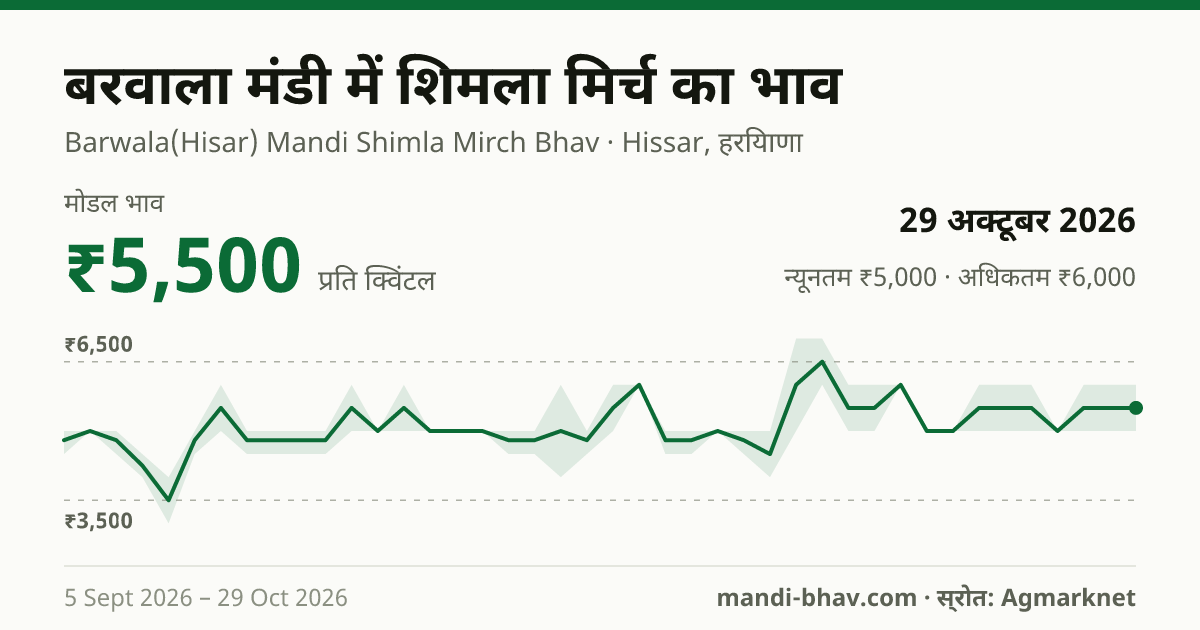 बरवाला मंडी में शिमला मिर्च का भाव 29 अक्टूबर 2026: मोडल ₹5,500 प्रति क्विंटल, भाव के रुझान का चार्ट