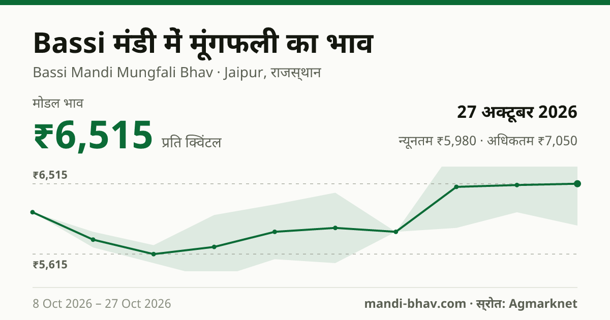 Bassi मंडी में मूंगफली का भाव 27 अक्टूबर 2026: मोडल ₹6,515 प्रति क्विंटल, भाव के रुझान का चार्ट