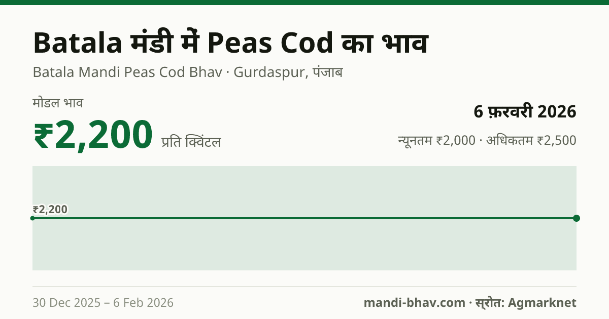 Batala मंडी में Peas Cod का भाव 6 फ़रवरी 2026: मोडल ₹2,200 प्रति क्विंटल, भाव के रुझान का चार्ट