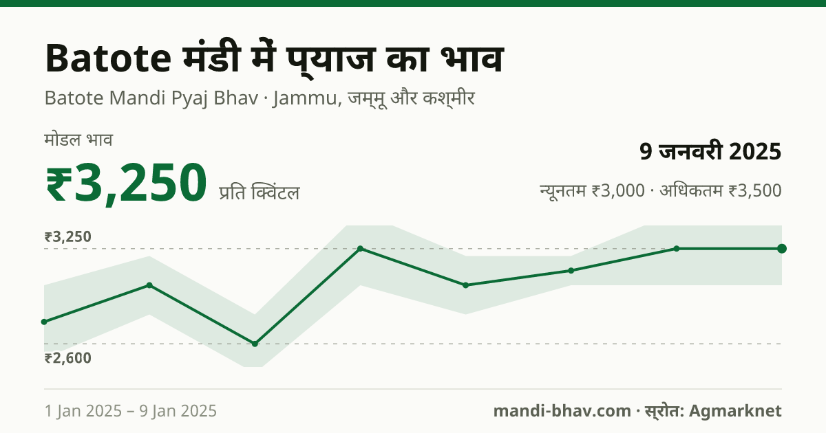 Batote मंडी में प्याज का भाव 9 जनवरी 2025: मोडल ₹3,250 प्रति क्विंटल, भाव के रुझान का चार्ट