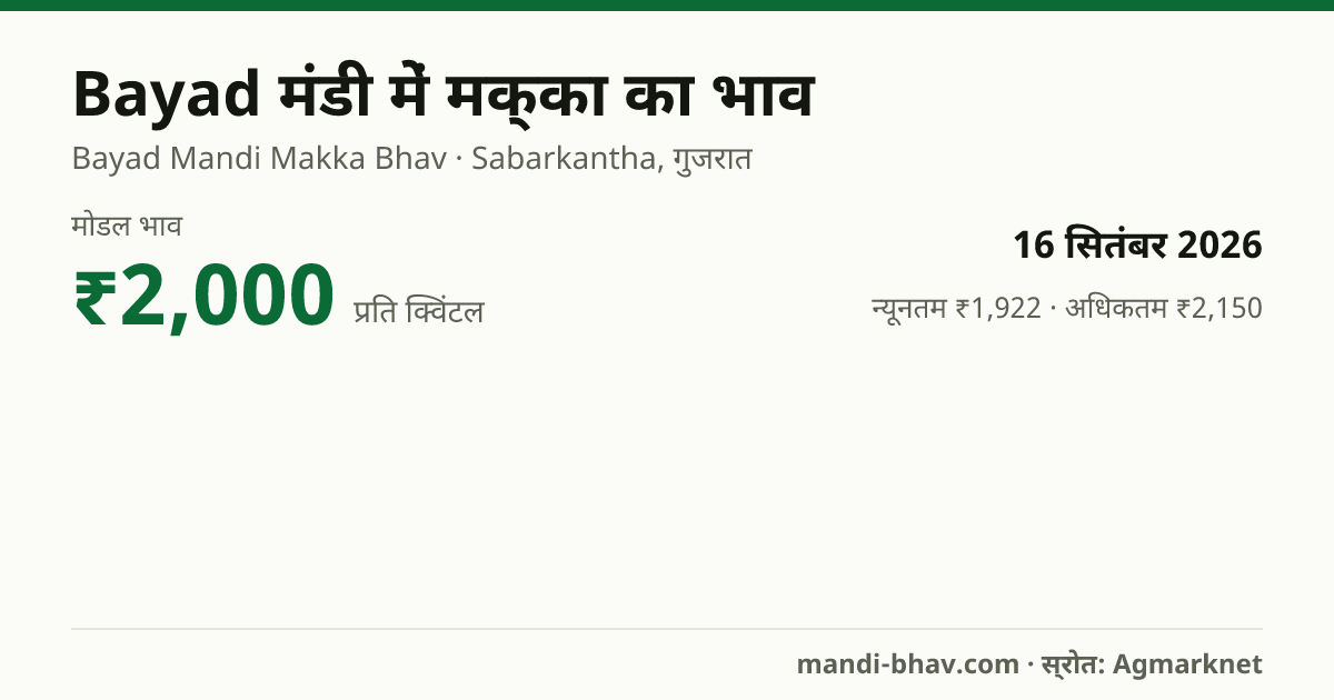 Bayad मंडी में मक्का का भाव 16 सितंबर 2026: मोडल ₹2,000 प्रति क्विंटल, भाव के रुझान का चार्ट
