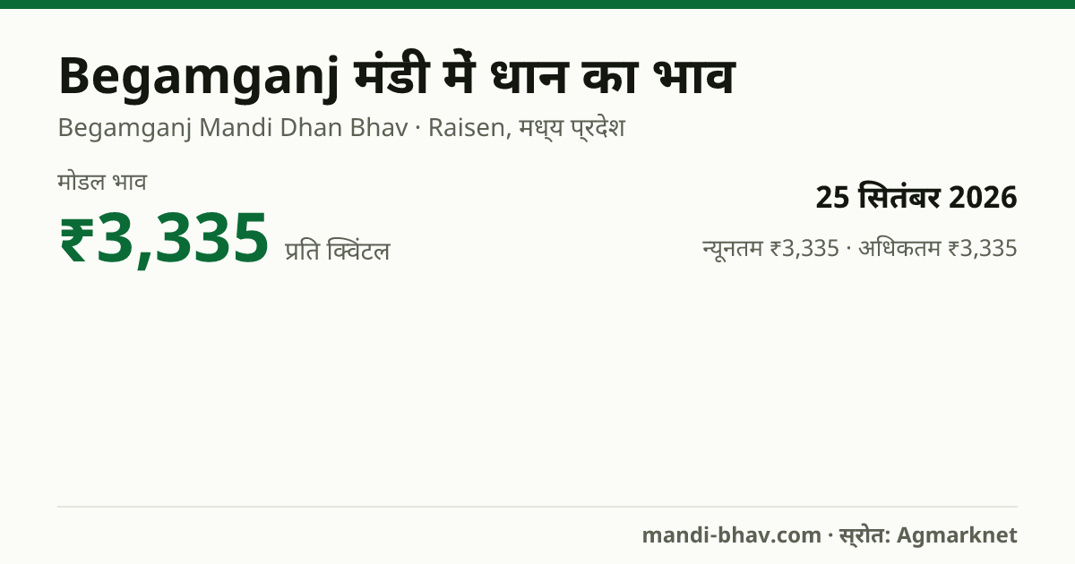 Begamganj मंडी में धान का भाव 25 सितंबर 2026: मोडल ₹3,335 प्रति क्विंटल, भाव के रुझान का चार्ट