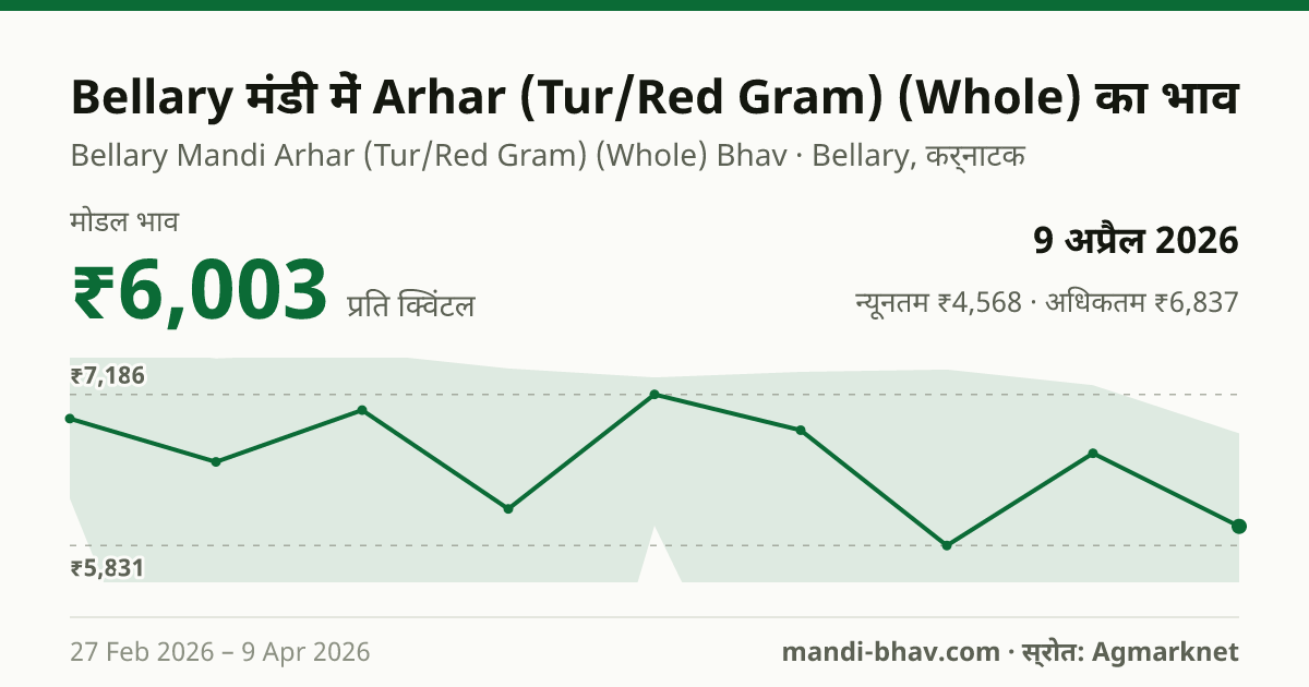 Bellary मंडी में Arhar (Tur/Red Gram) (Whole) का भाव 9 अप्रैल 2026: मोडल ₹6,003 प्रति क्विंटल, भाव के रुझान का चार्ट