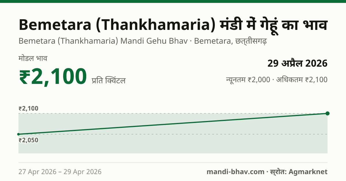 Bemetara (Thankhamaria) मंडी में गेहूं का भाव 29 अप्रैल 2026: मोडल ₹2,100 प्रति क्विंटल, भाव के रुझान का चार्ट