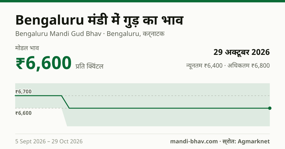 Bengaluru मंडी में गुड़ का भाव 29 अक्टूबर 2026: मोडल ₹6,600 प्रति क्विंटल, भाव के रुझान का चार्ट