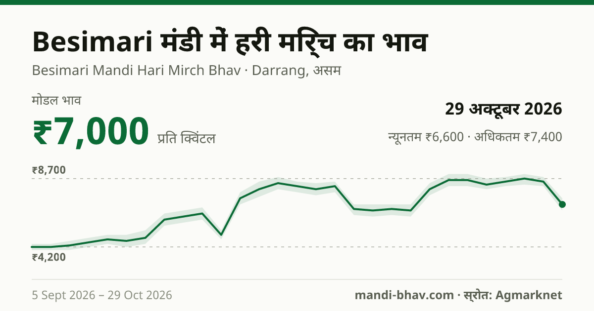 Besimari मंडी में हरी मिर्च का भाव 29 अक्टूबर 2026: मोडल ₹7,000 प्रति क्विंटल, भाव के रुझान का चार्ट