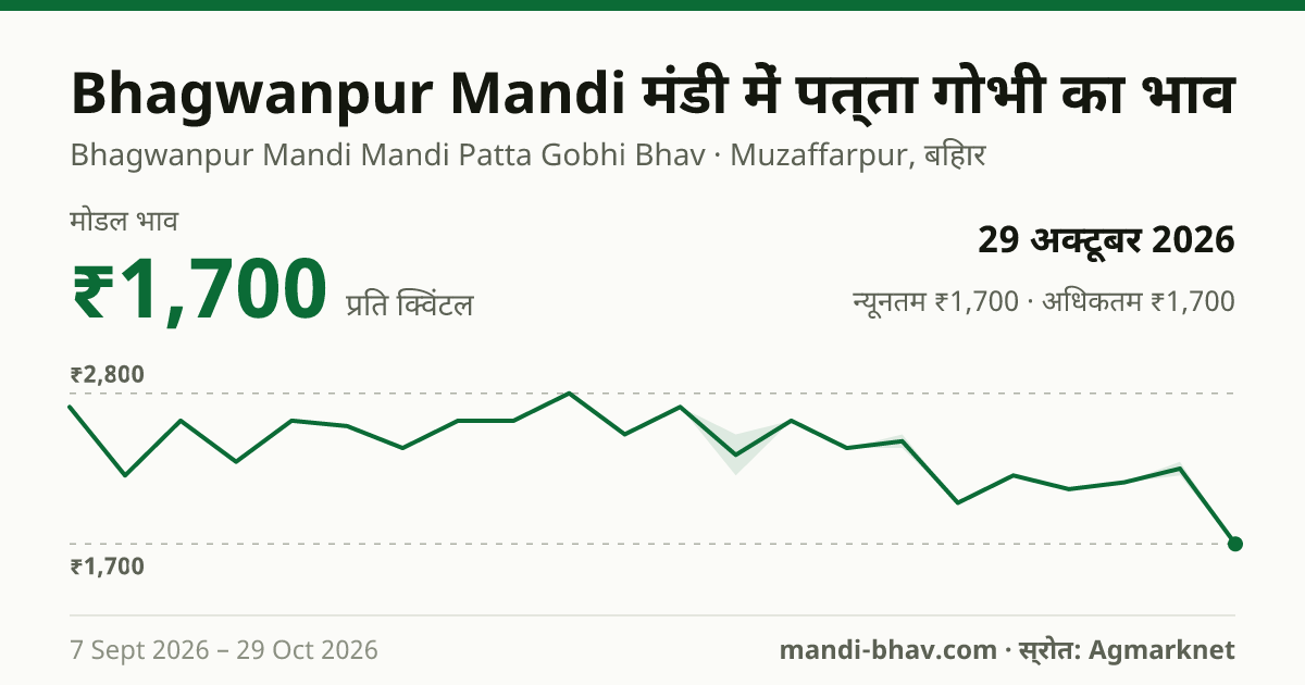 Bhagwanpur Mandi मंडी में पत्ता गोभी का भाव 29 अक्टूबर 2026: मोडल ₹1,700 प्रति क्विंटल, भाव के रुझान का चार्ट