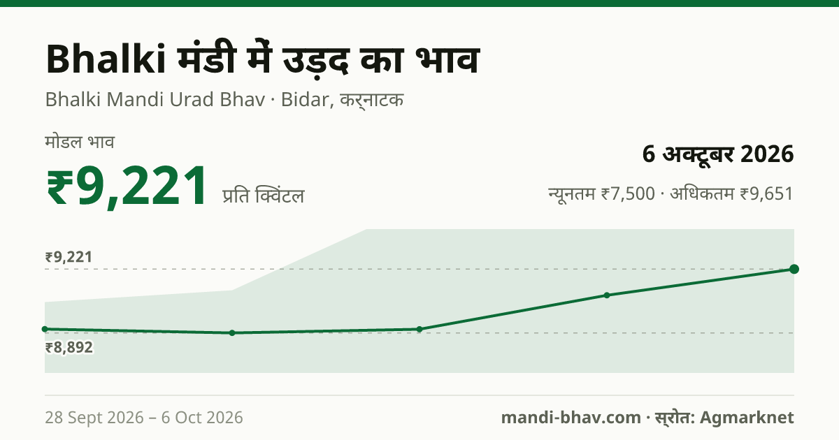 Bhalki मंडी में उड़द का भाव 6 अक्टूबर 2026: मोडल ₹9,221 प्रति क्विंटल, भाव के रुझान का चार्ट