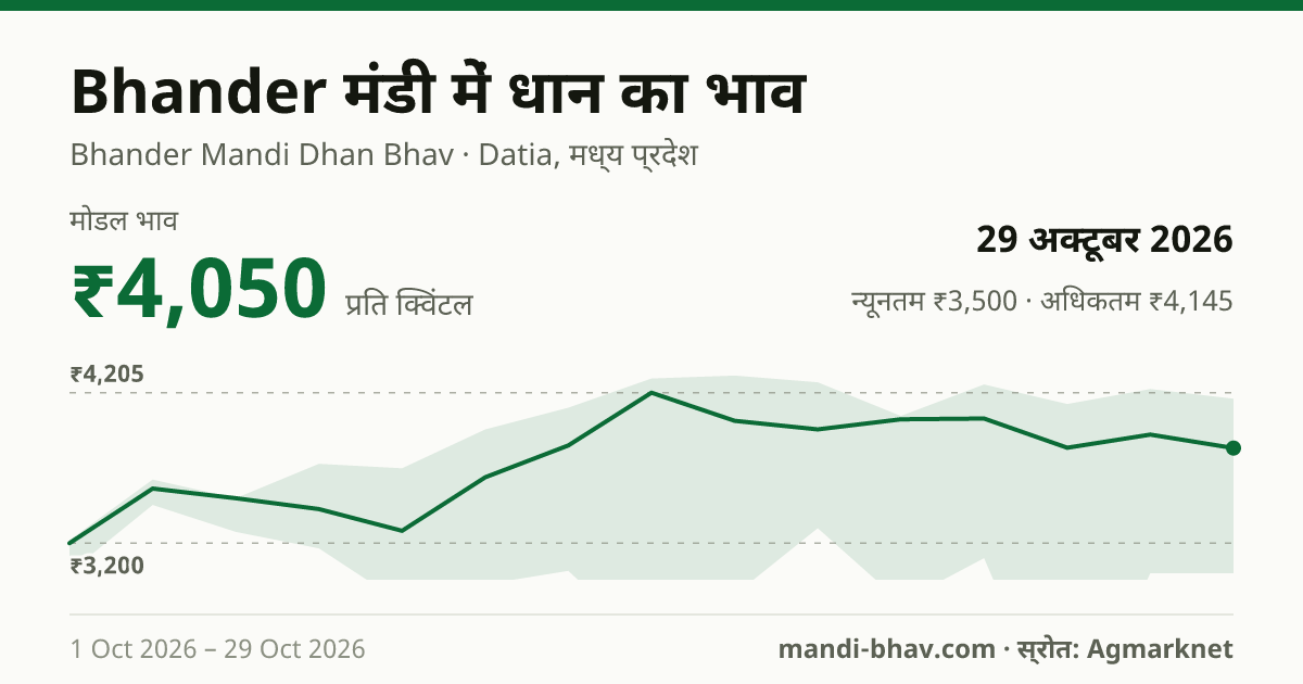 Bhander मंडी में धान का भाव 29 अक्टूबर 2026: मोडल ₹3,600 प्रति क्विंटल, भाव के रुझान का चार्ट