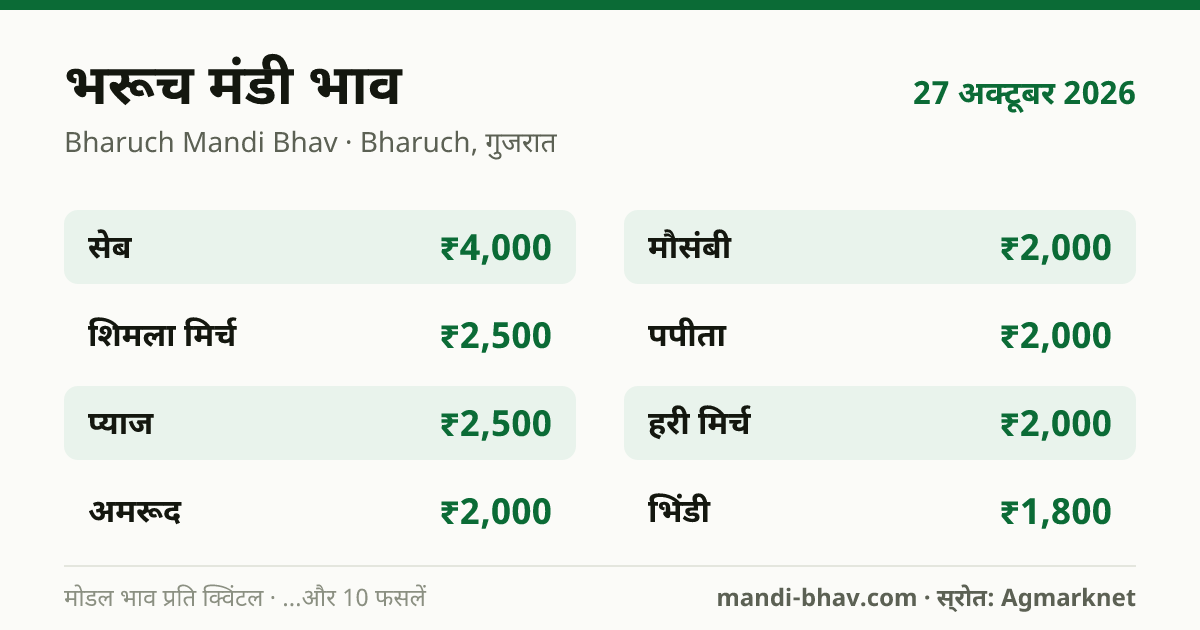भरूच मंडी भाव 27 अक्टूबर 2026: फसलवार मोडल रेट प्रति क्विंटल