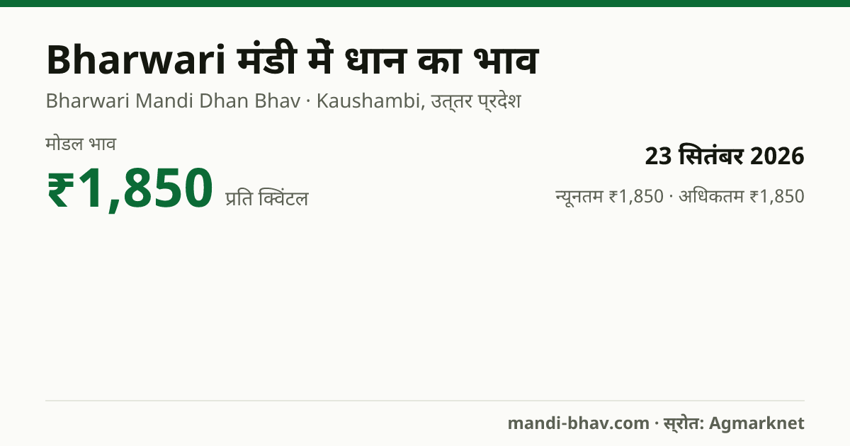 Bharwari मंडी में धान का भाव 23 सितंबर 2026: मोडल ₹1,850 प्रति क्विंटल, भाव के रुझान का चार्ट
