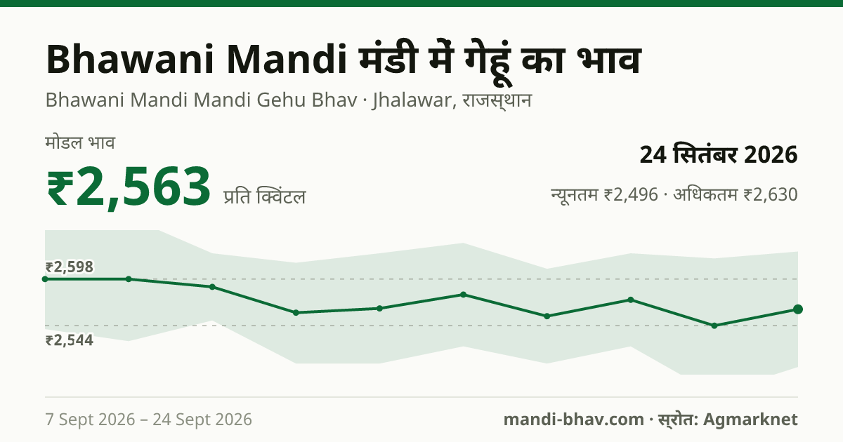 Bhawani Mandi मंडी में गेहूं का भाव 24 सितंबर 2026: मोडल ₹2,563 प्रति क्विंटल, भाव के रुझान का चार्ट