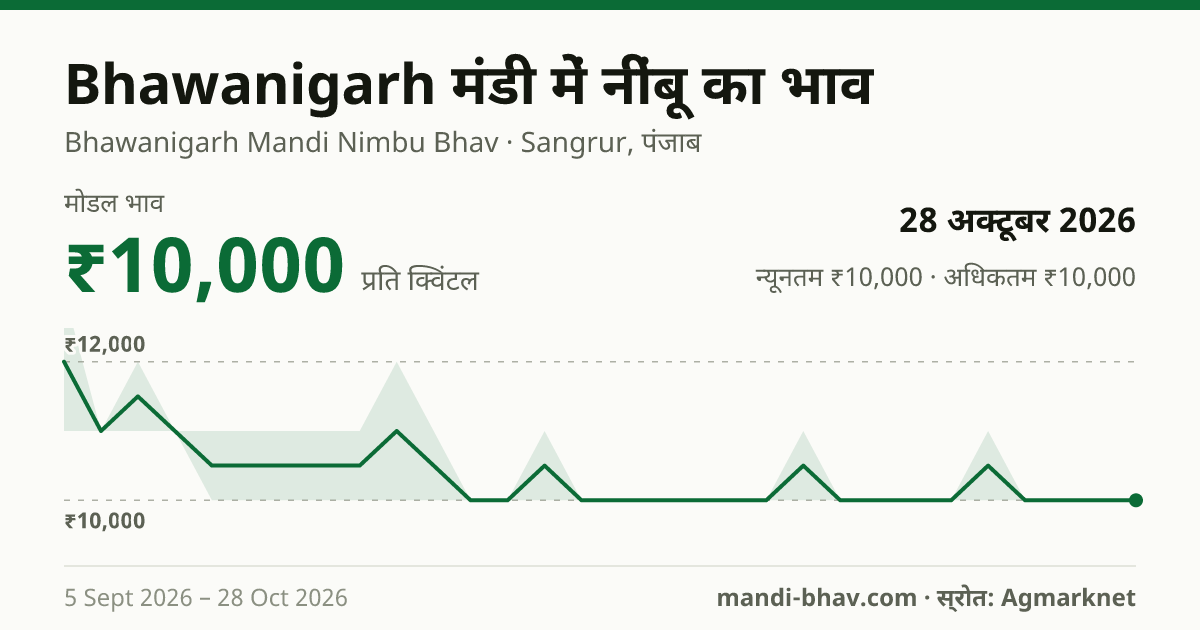 Bhawanigarh मंडी में नींबू का भाव 28 अक्टूबर 2026: मोडल ₹10,000 प्रति क्विंटल, भाव के रुझान का चार्ट