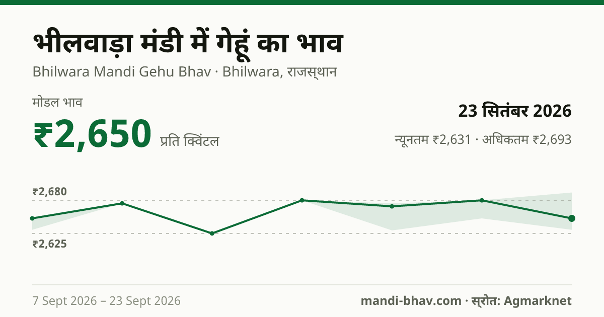 भीलवाड़ा मंडी में गेहूं का भाव 23 सितंबर 2026: मोडल ₹2,650 प्रति क्विंटल, भाव के रुझान का चार्ट