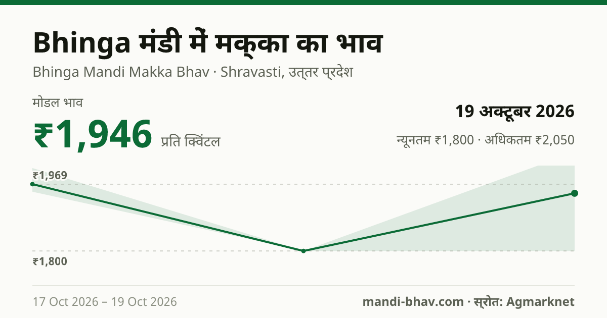 Bhinga मंडी में मक्का का भाव 19 अक्टूबर 2026: मोडल ₹1,946 प्रति क्विंटल, भाव के रुझान का चार्ट