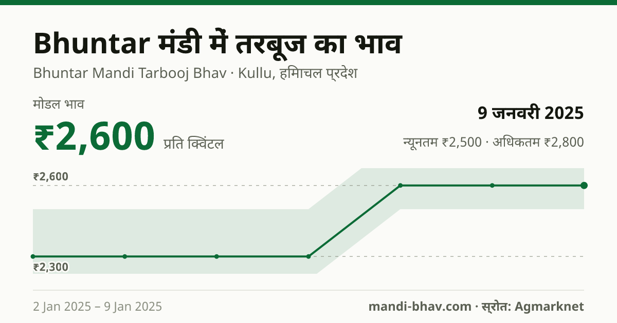 Bhuntar मंडी में तरबूज का भाव 9 जनवरी 2025: मोडल ₹2,600 प्रति क्विंटल, भाव के रुझान का चार्ट