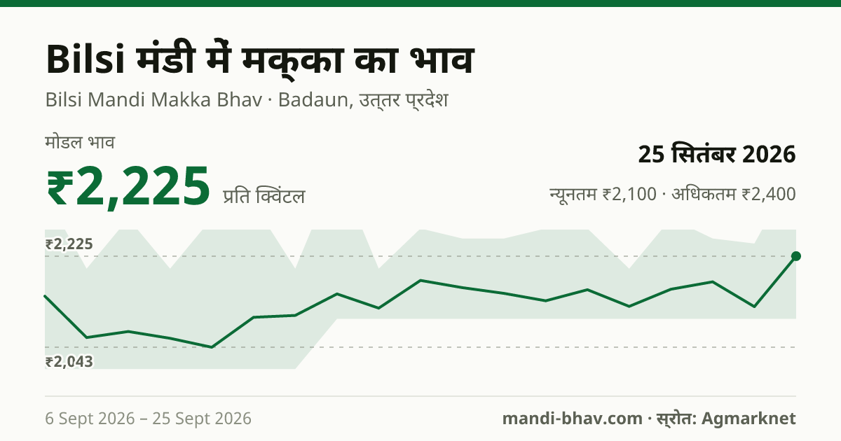 Bilsi मंडी में मक्का का भाव 25 सितंबर 2026: मोडल ₹2,225 प्रति क्विंटल, भाव के रुझान का चार्ट