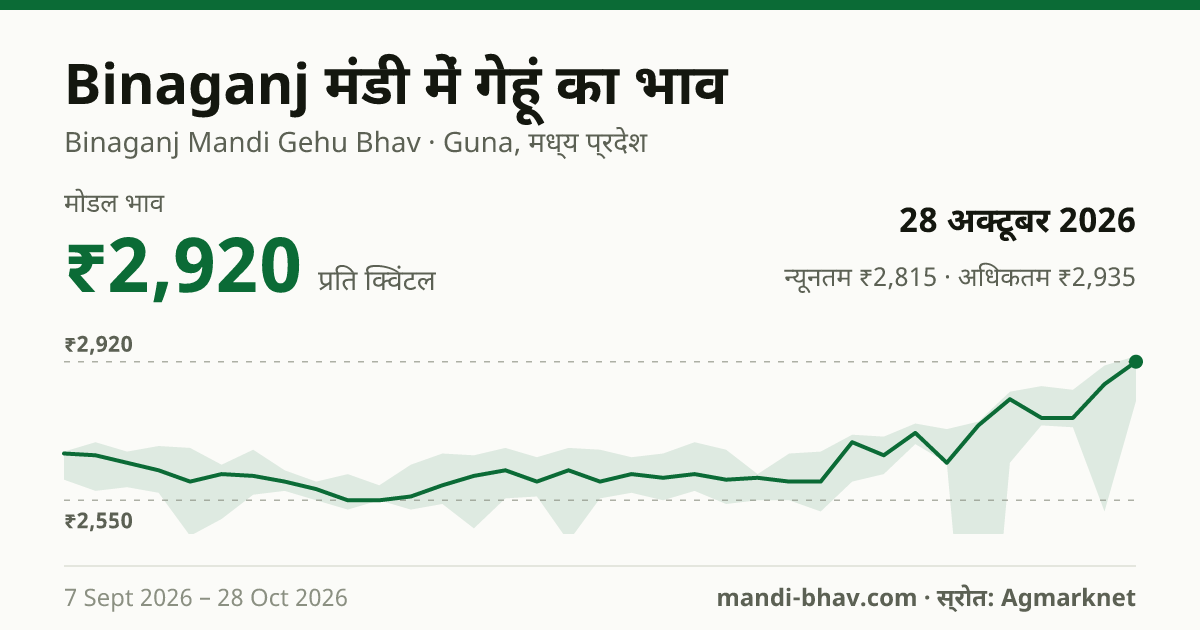 Binaganj मंडी में गेहूं का भाव 28 अक्टूबर 2026: मोडल ₹2,920 प्रति क्विंटल, भाव के रुझान का चार्ट