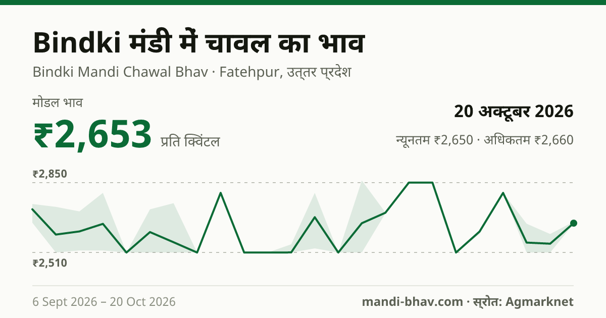 Bindki मंडी में चावल का भाव 20 अक्टूबर 2026: मोडल ₹2,653 प्रति क्विंटल, भाव के रुझान का चार्ट