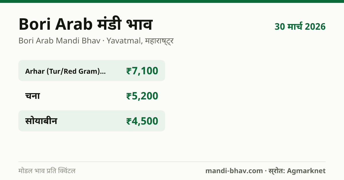 Bori Arab मंडी भाव 30 मार्च 2026: फसलवार मोडल रेट प्रति क्विंटल