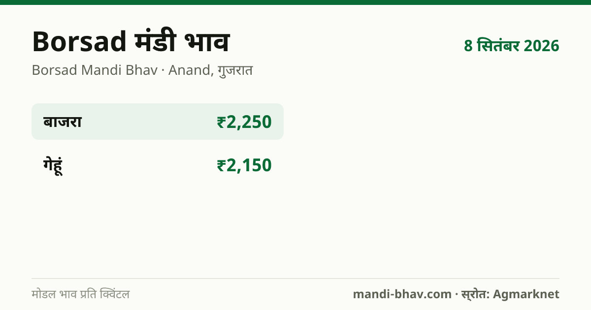 Borsad मंडी भाव 8 सितंबर 2026: फसलवार मोडल रेट प्रति क्विंटल