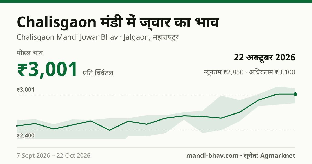 Chalisgaon मंडी में ज्वार का भाव 22 अक्टूबर 2026: मोडल ₹3,001 प्रति क्विंटल, भाव के रुझान का चार्ट