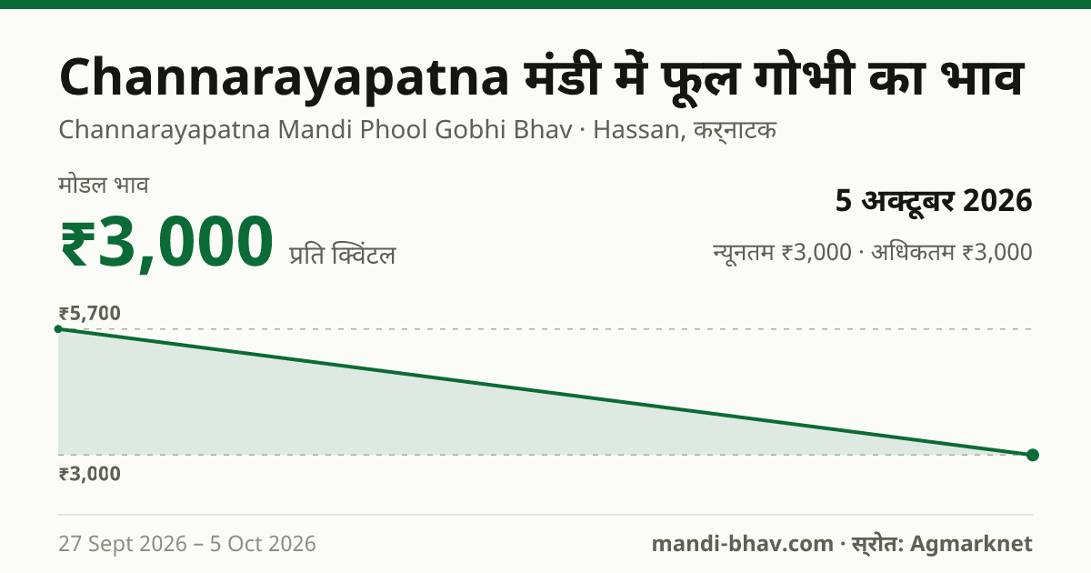 Channarayapatna मंडी में फूल गोभी का भाव 5 अक्टूबर 2026: मोडल ₹3,000 प्रति क्विंटल, भाव के रुझान का चार्ट