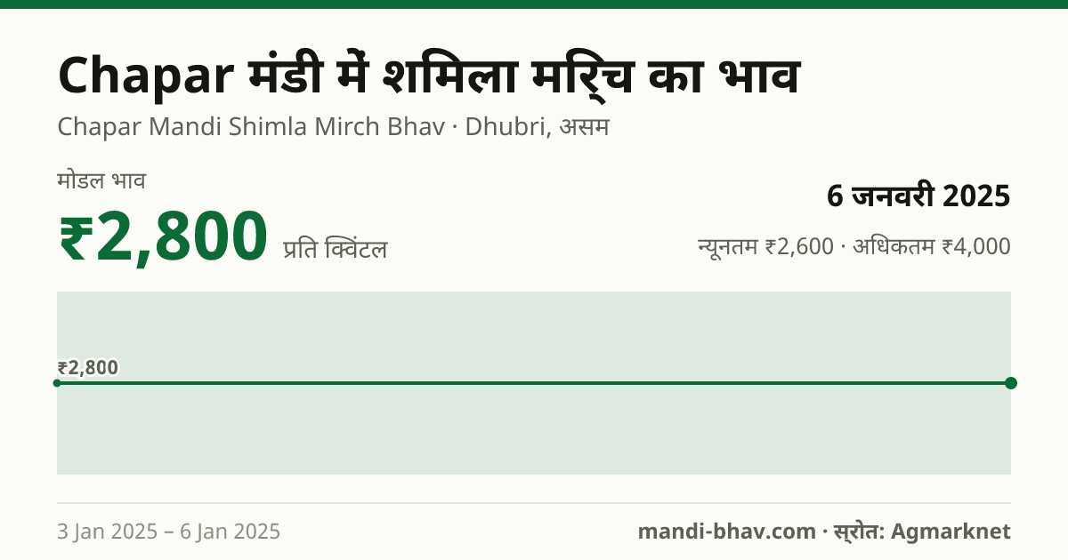 Chapar मंडी में शिमला मिर्च का भाव 6 जनवरी 2025: मोडल ₹2,800 प्रति क्विंटल, भाव के रुझान का चार्ट