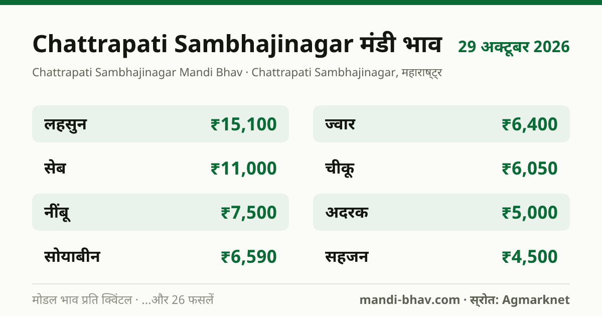 Chattrapati Sambhajinagar मंडी भाव 29 अक्टूबर 2026: फसलवार मोडल रेट प्रति क्विंटल