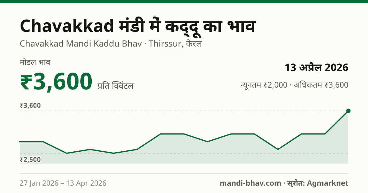 Chavakkad मंडी में कद्दू का भाव 13 अप्रैल 2026: मोडल ₹3,600 प्रति क्विंटल, भाव के रुझान का चार्ट