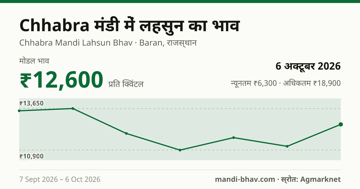 Chhabra मंडी में लहसुन का भाव 6 अक्टूबर 2026: मोडल ₹12,600 प्रति क्विंटल, भाव के रुझान का चार्ट