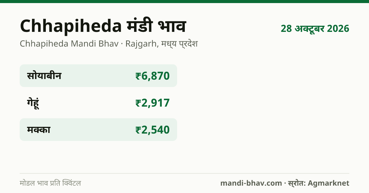 Chhapiheda मंडी भाव 28 अक्टूबर 2026: फसलवार मोडल रेट प्रति क्विंटल