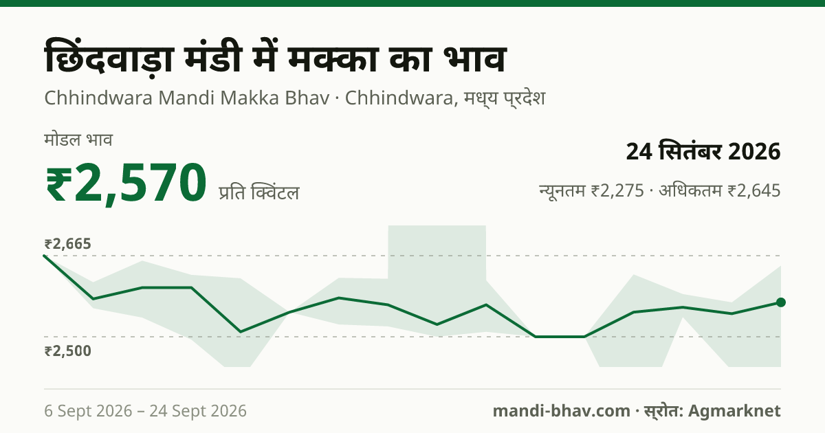छिंदवाड़ा मंडी में मक्का का भाव 24 सितंबर 2026: मोडल ₹2,570 प्रति क्विंटल, भाव के रुझान का चार्ट