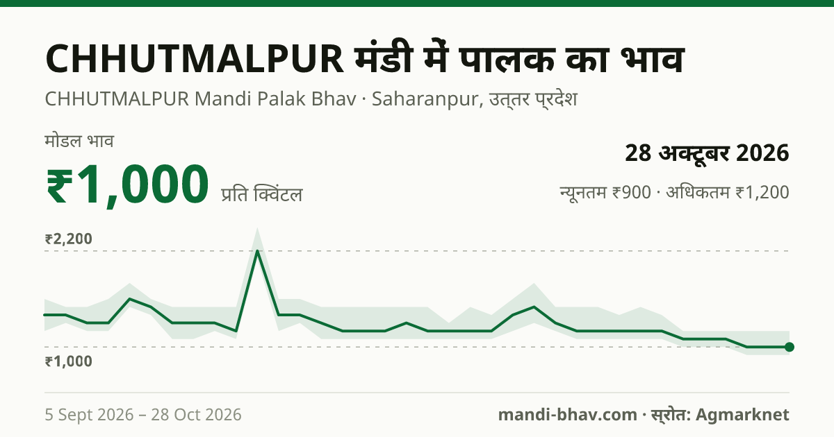 CHHUTMALPUR मंडी में पालक का भाव 28 अक्टूबर 2026: मोडल ₹1,000 प्रति क्विंटल, भाव के रुझान का चार्ट