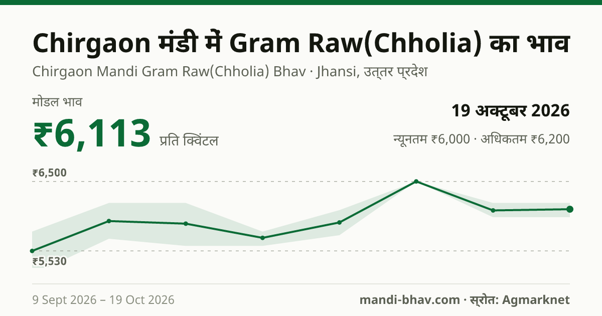 Chirgaon मंडी में Gram Raw(Chholia) का भाव 19 अक्टूबर 2026: मोडल ₹6,113 प्रति क्विंटल, भाव के रुझान का चार्ट