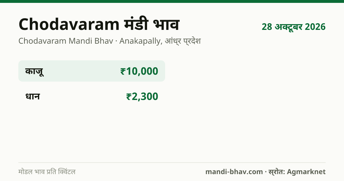 Chodavaram मंडी भाव 28 अक्टूबर 2026: फसलवार मोडल रेट प्रति क्विंटल