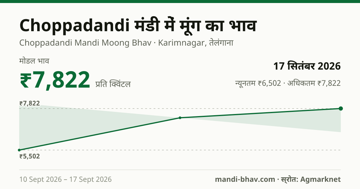 Choppadandi मंडी में मूंग का भाव 17 सितंबर 2026: मोडल ₹7,822 प्रति क्विंटल, भाव के रुझान का चार्ट