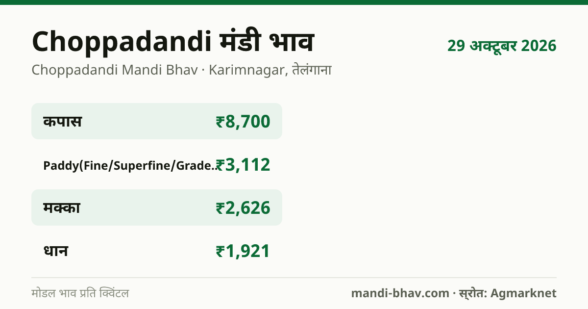 Choppadandi मंडी भाव 29 अक्टूबर 2026: फसलवार मोडल रेट प्रति क्विंटल