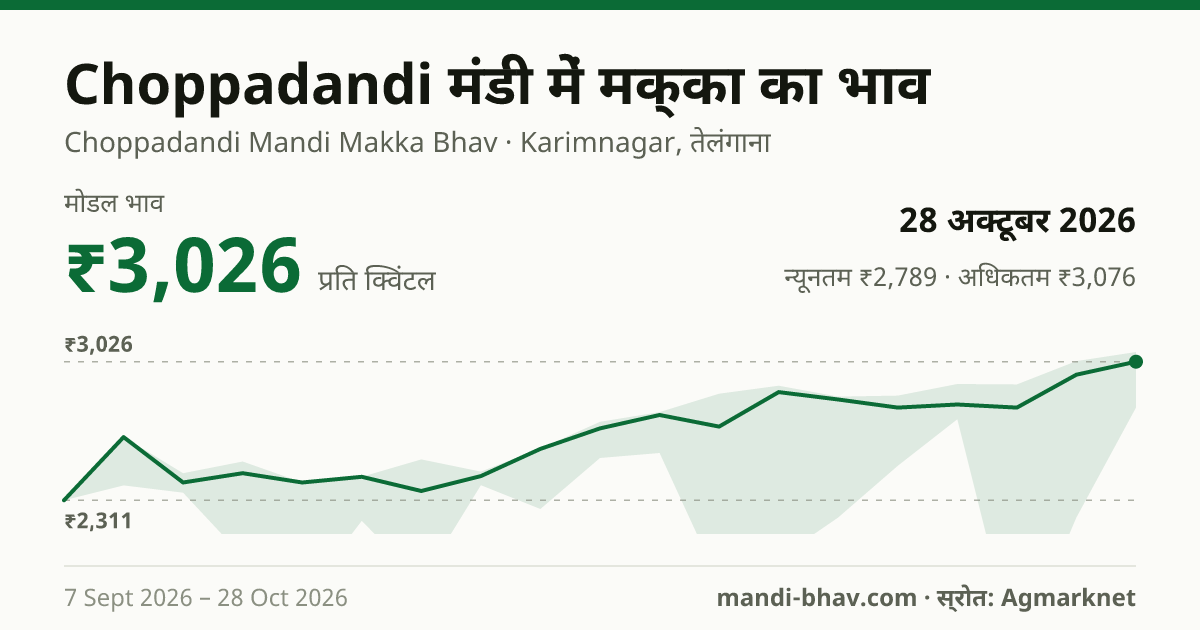 Choppadandi मंडी में मक्का का भाव 28 अक्टूबर 2026: मोडल ₹3,026 प्रति क्विंटल, भाव के रुझान का चार्ट