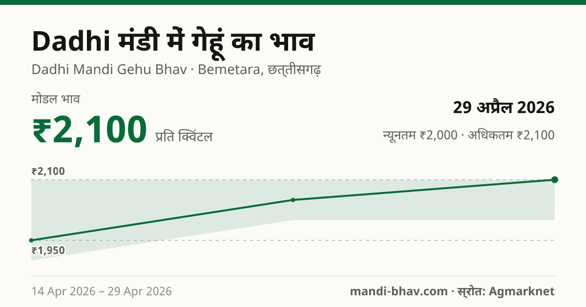 Dadhi मंडी में गेहूं का भाव 29 अप्रैल 2026: मोडल ₹2,100 प्रति क्विंटल, भाव के रुझान का चार्ट