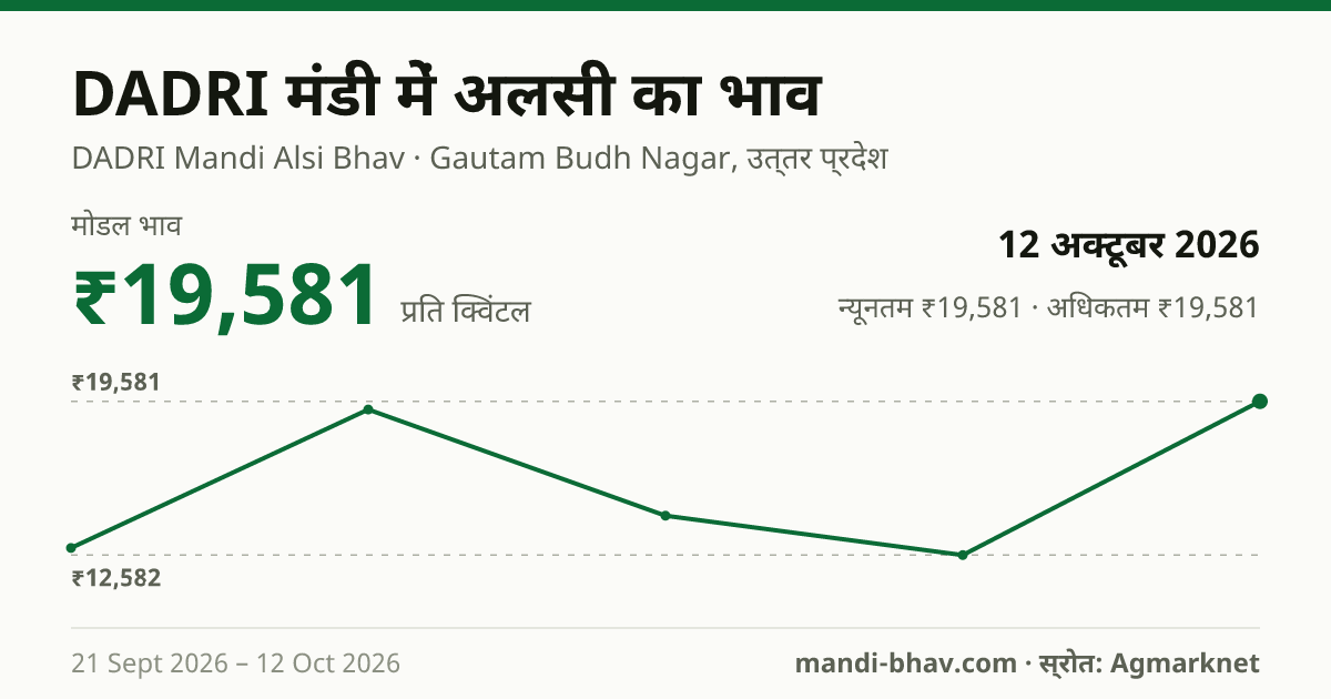 DADRI मंडी में अलसी का भाव 12 अक्टूबर 2026: मोडल ₹19,581 प्रति क्विंटल, भाव के रुझान का चार्ट