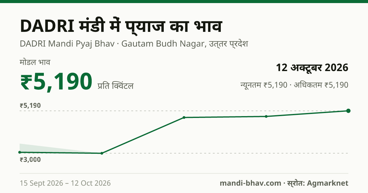 DADRI मंडी में प्याज का भाव 12 अक्टूबर 2026: मोडल ₹5,190 प्रति क्विंटल, भाव के रुझान का चार्ट