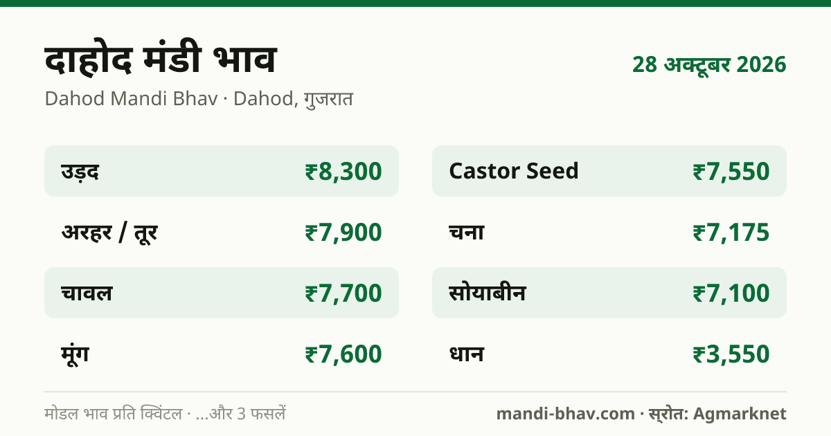 दाहोद मंडी भाव 28 अक्टूबर 2026: फसलवार मोडल रेट प्रति क्विंटल